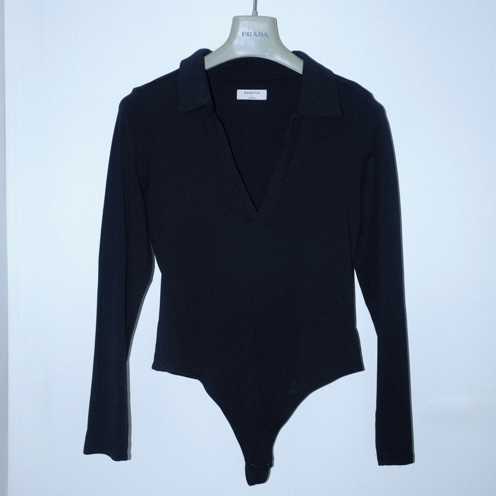 Aritzia Babaton Black Contour Polo Longsleeve Bodysuit